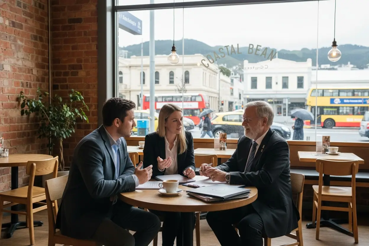 Accountant meeting with clients discussing tax and finances over coffee