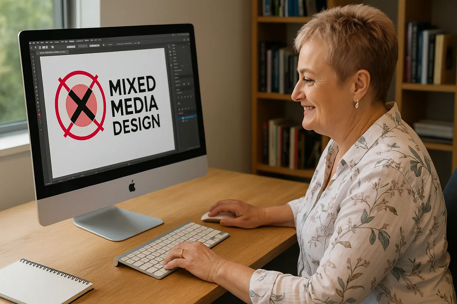 Gail from Mixed Media Design working on a brochure on her Mac computer