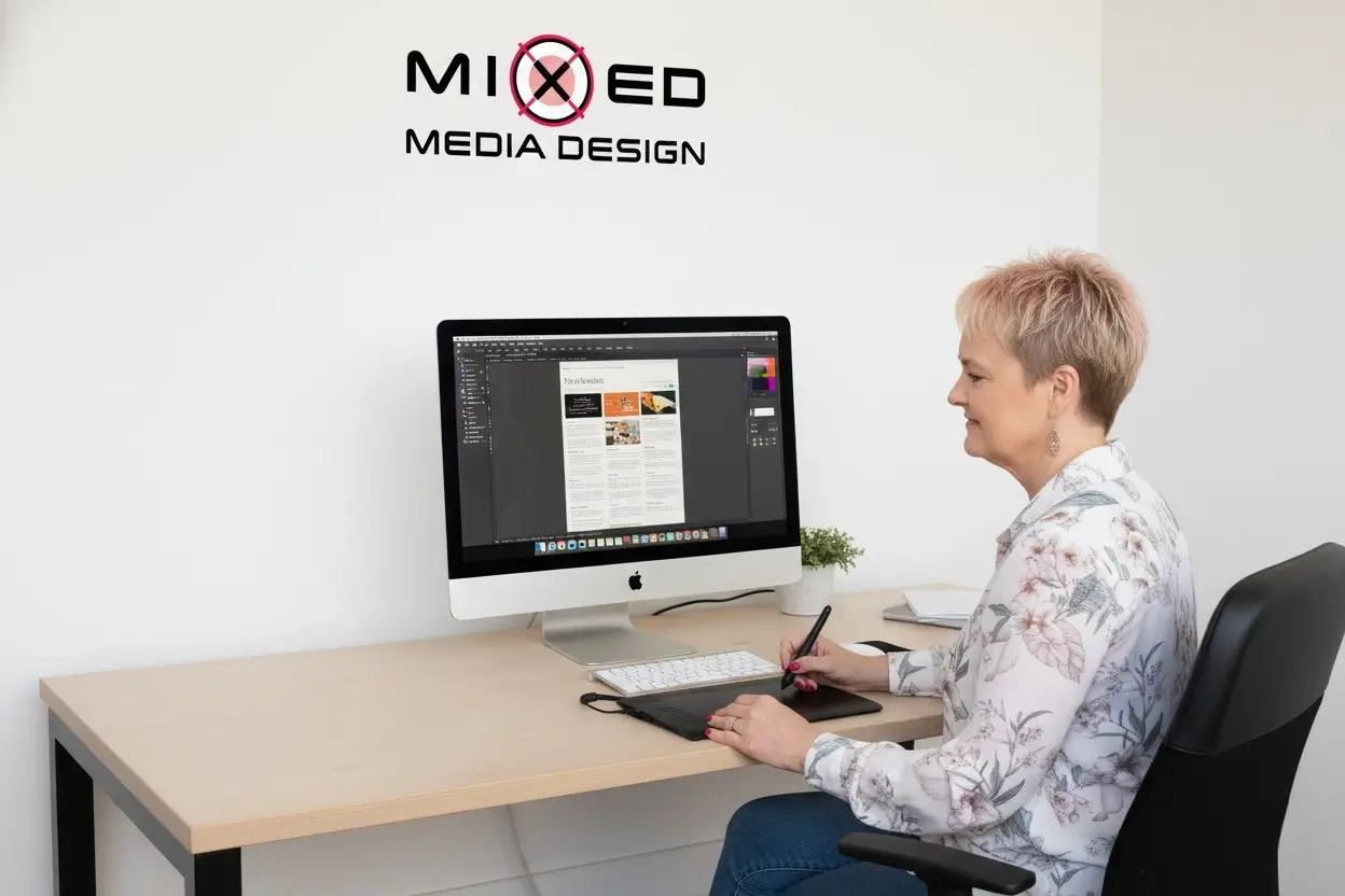 Gail from Mixed Media design working with a Wacom stylus on her Mac