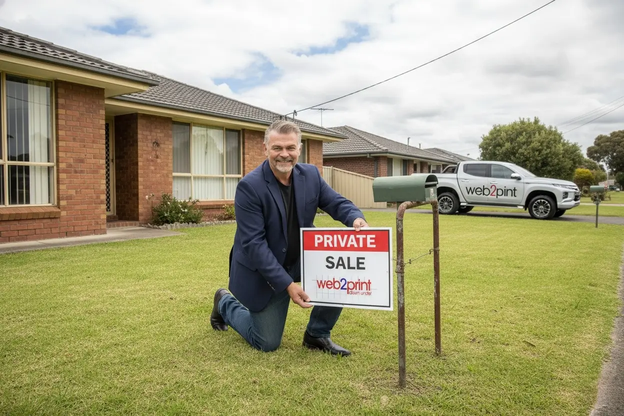 Man putting up a Private Sale sign in front of home