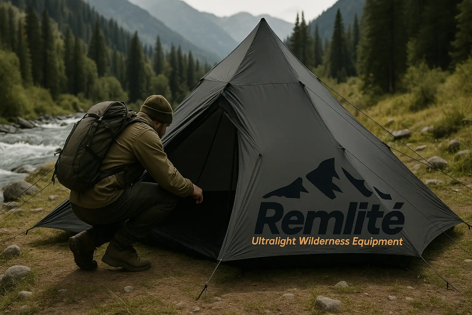 Man going into an ultralight tent in the wilderness