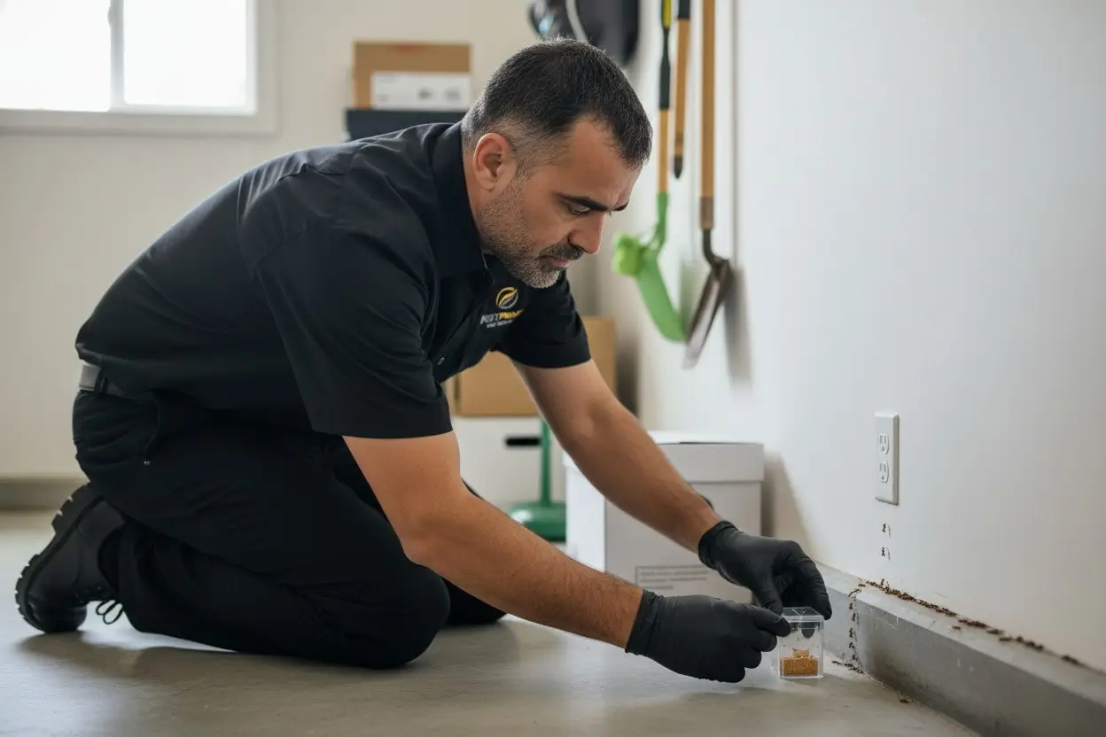 Exterminator setting an ant bait trap