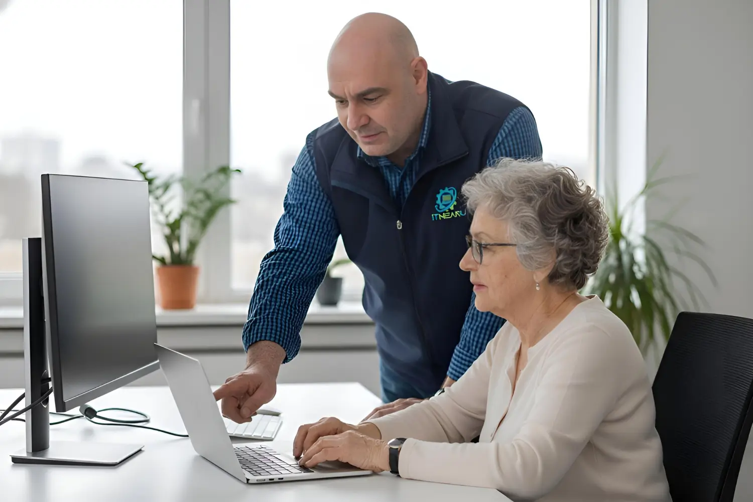 Mobile Tech Support Consultant helping an elderly woman with her noteboook