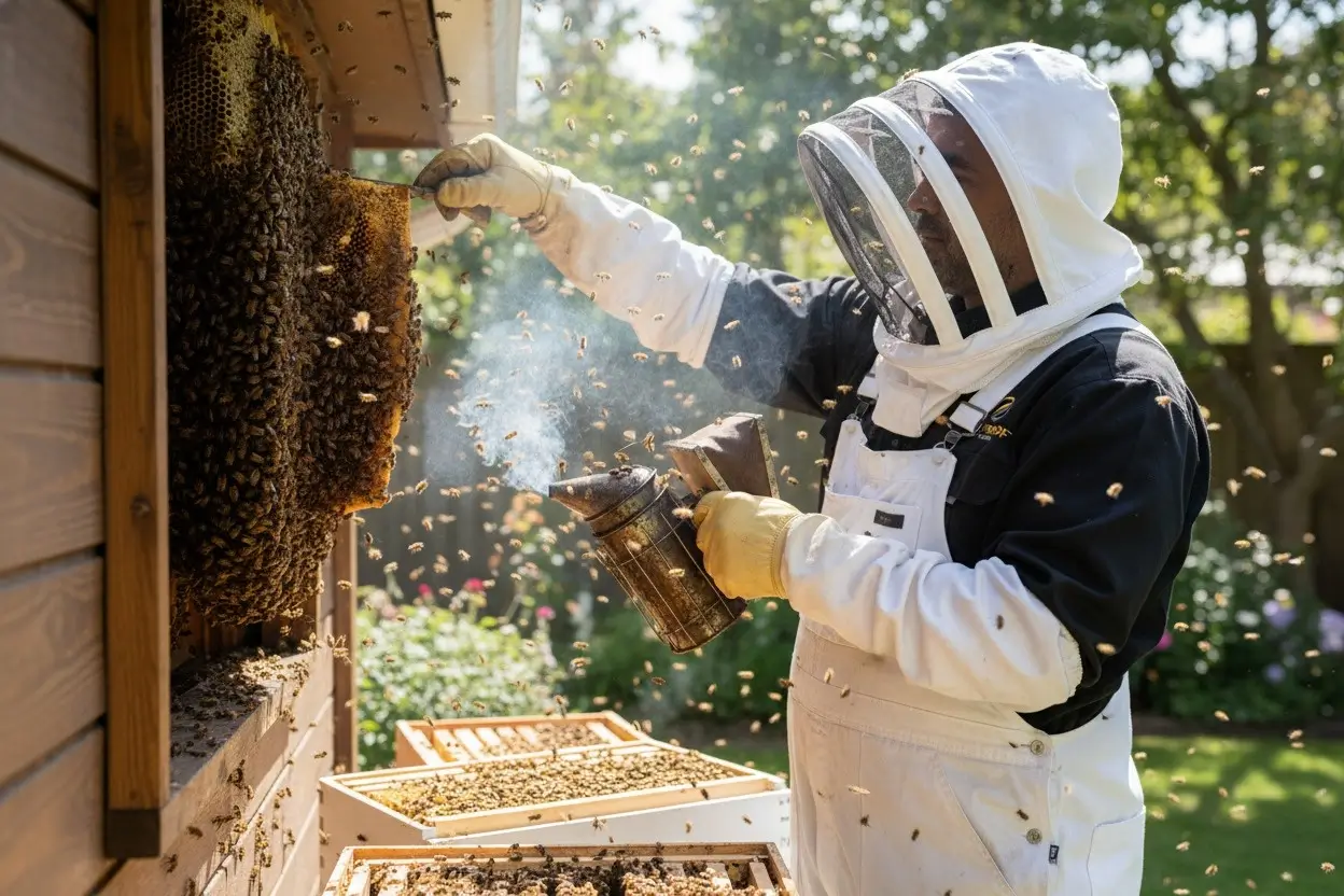 Man humanely relocating a bee hive